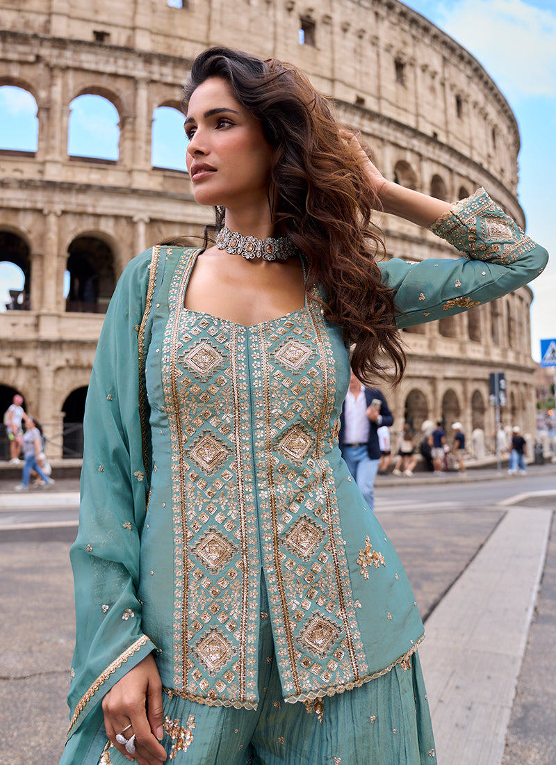 Powder Blue Embroidery Chinnon Silk Sharara Suit