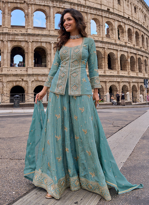 Powder Blue Embroidery Chinnon Silk Sharara Suit