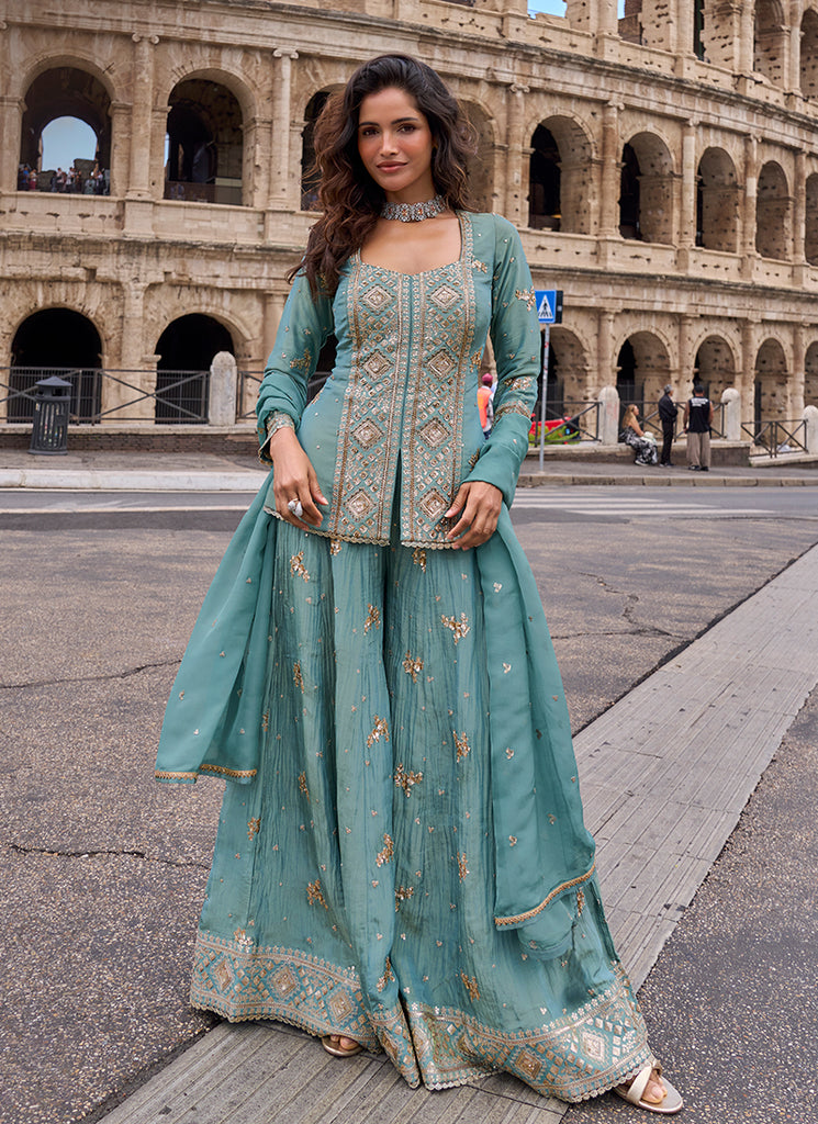 Powder Blue Embroidery Chinnon Silk Sharara Suit