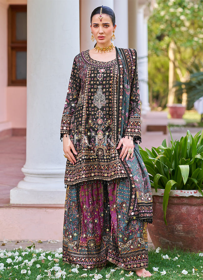Burgundy Multicolored Embroidery Anarkali Palazzo Suit