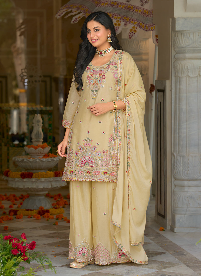 Yellow Floral Embroidery Chinnon Silk Sharara Suit