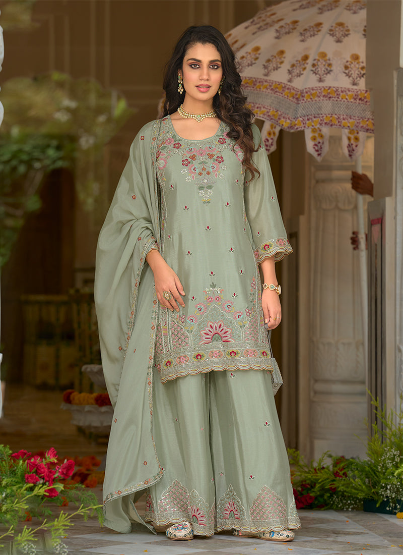 Mint Green Floral Embroidery Chinnon Silk Sharara Suit