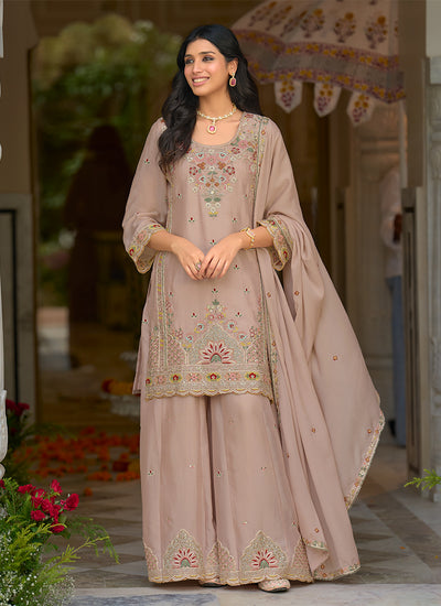 Blush Pink Floral Embroidery Chinnon Silk Sharara Suit