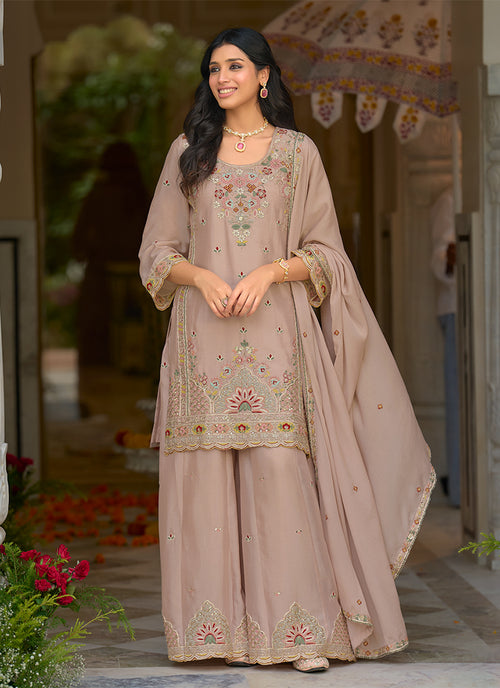 Blush Pink Floral Embroidery Chinnon Silk Sharara Suit