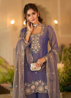Amethyst Purple Multi Embroidery Silk Sharara Suit