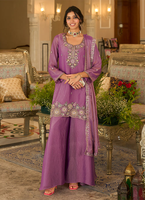 Rich Pink Multi Embroidery Silk Sharara Suit