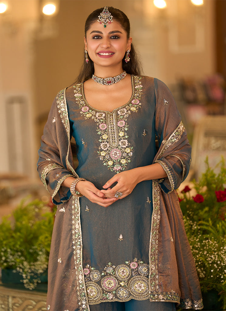 Buy Dusty Blue Silk Sharara Suit In Canada