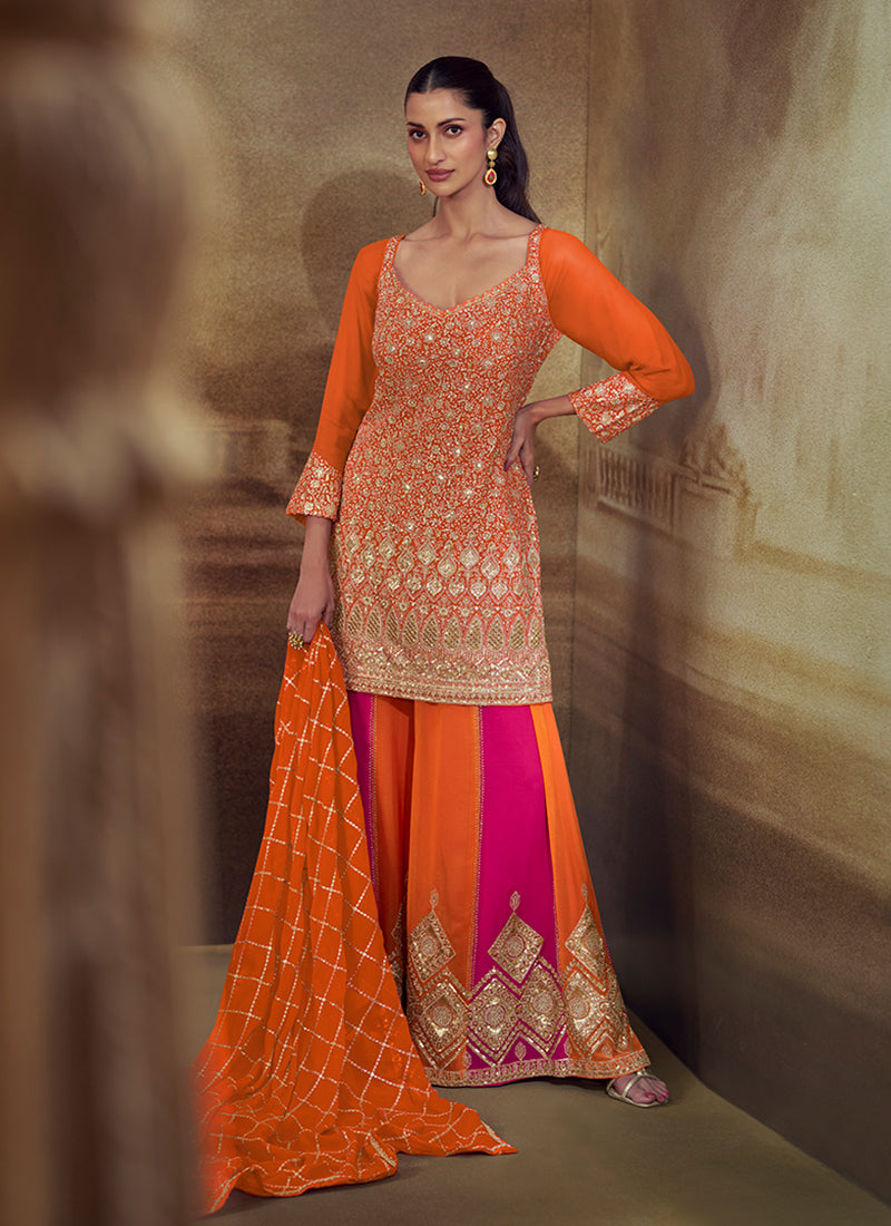 Orange And Magenta Zari Embroidered Sharara Suit