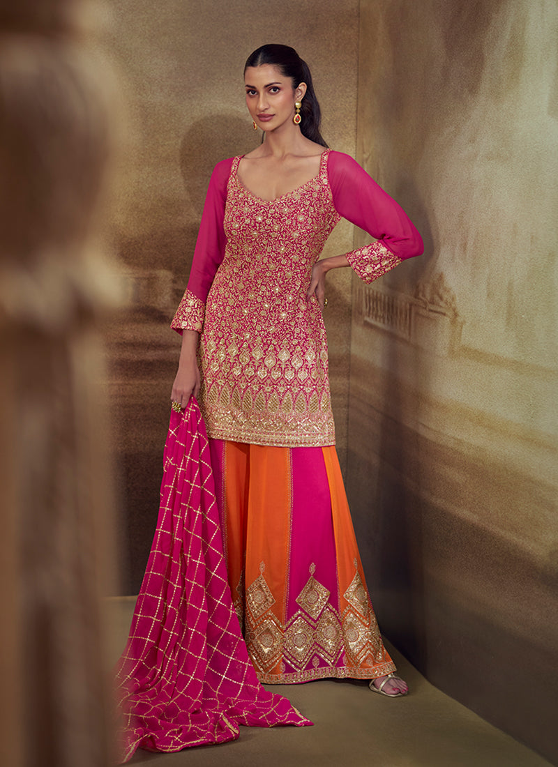 Magenta And Orange Zari Embroidered Sharara Suit