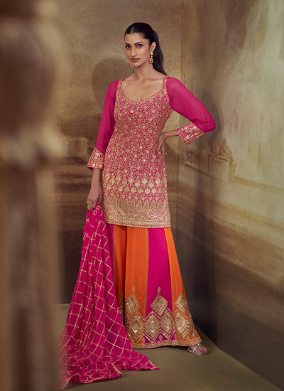 Magenta And Orange Zari Embroidered Sharara Suit