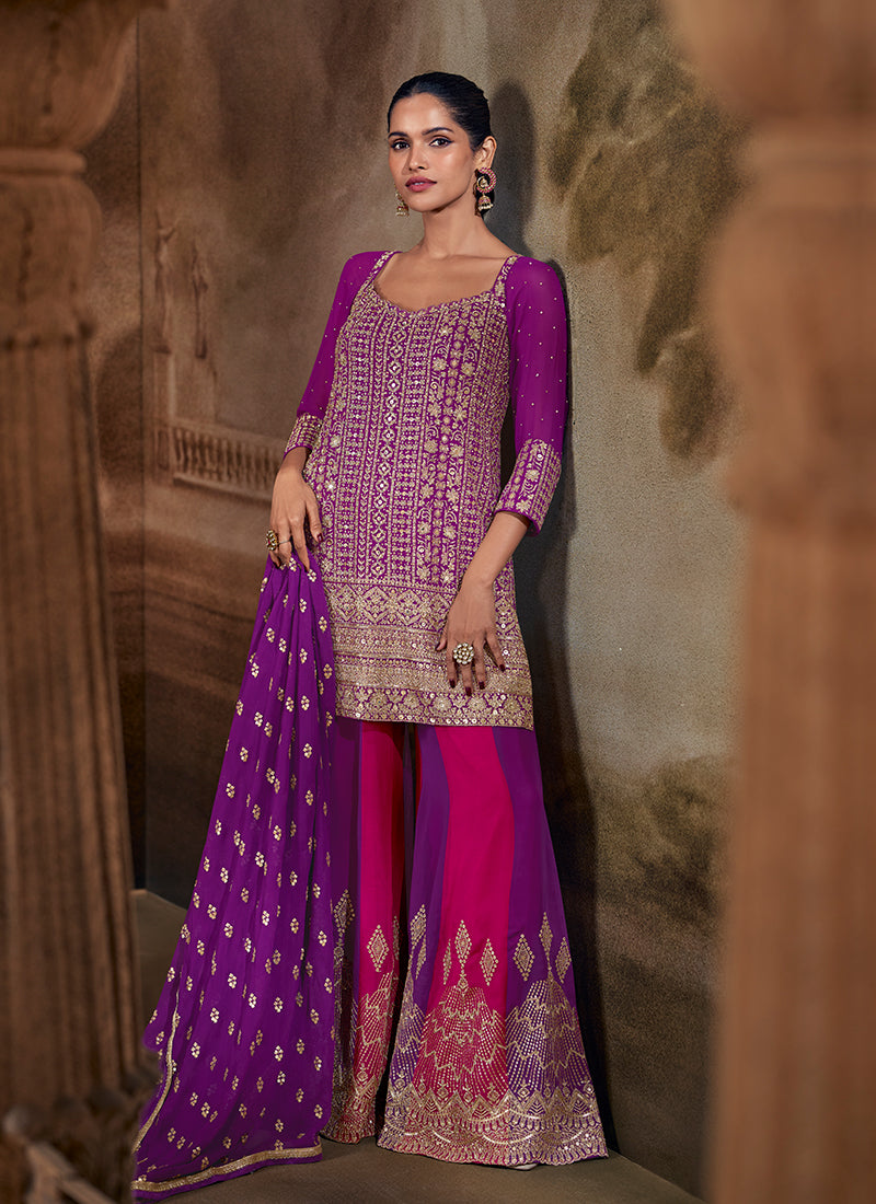 Purple And Pink Traditional Embroidered Sharara Suit