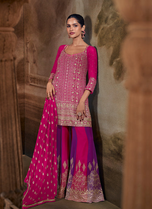 Pink And Purple Traditional Embroidered Sharara Suit