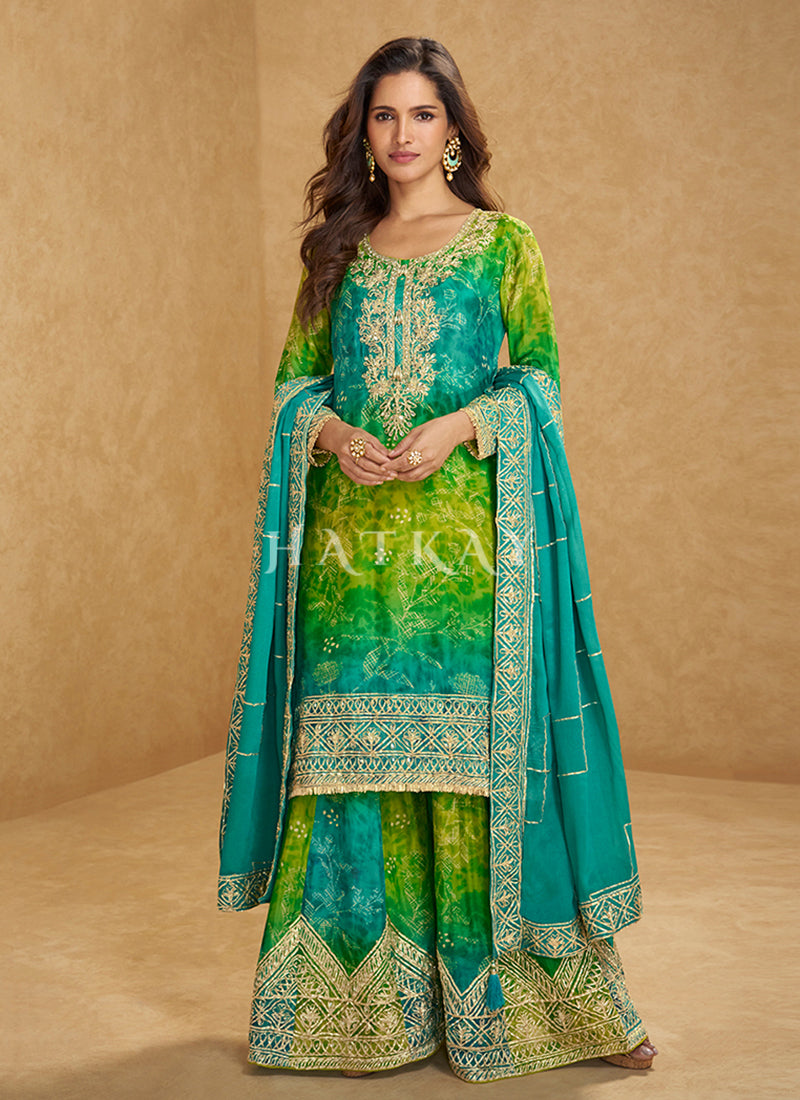 Turquoise Green Embroidered Sharara Suit