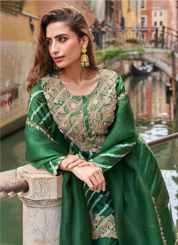 Dark Green Embroidered Designer Sharara Suit