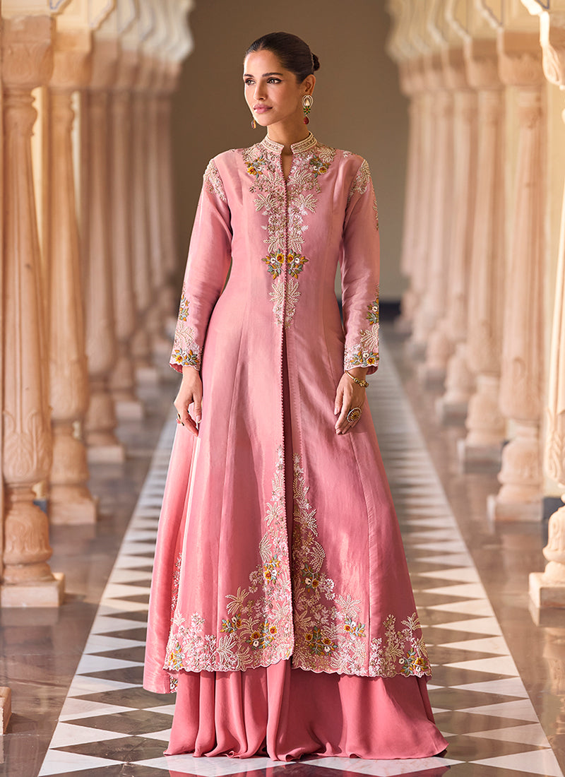 Rose Pink Embroidery Sharara Style Suit
