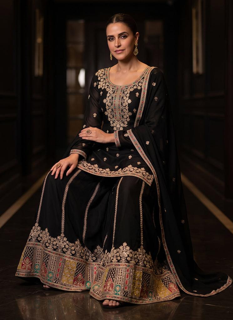 Designer Black Traditional Embroidered Sharara Suit For Weddings & Festive Wear.