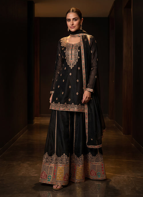 Black Traditional Embroidered Sharara Suit