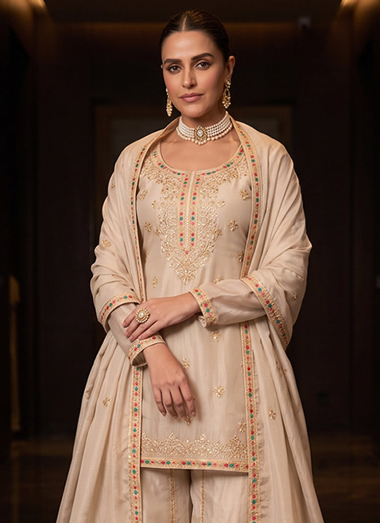 Elegant Ivory Beige Traditional Embroidered ShararaSsuit With Intricate Embroidery Work