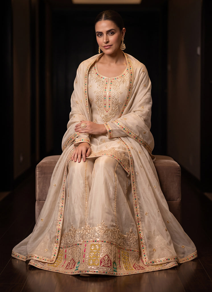 Ivory Beige Traditional Ethnic Wear Sharara Suit featuring In UK