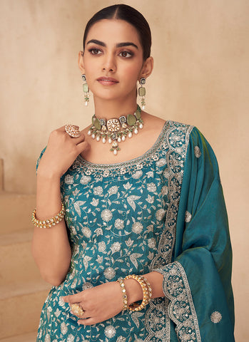 Turquoise Blue Embroidered Designer Sharara Suit