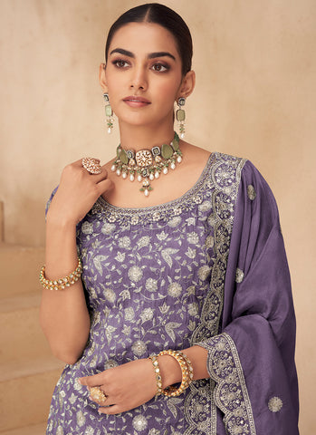 Mauve Purple Embroidered Designer Sharara Suit