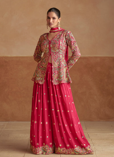 Shop Coral Pink Jacket Style Sharara Suit