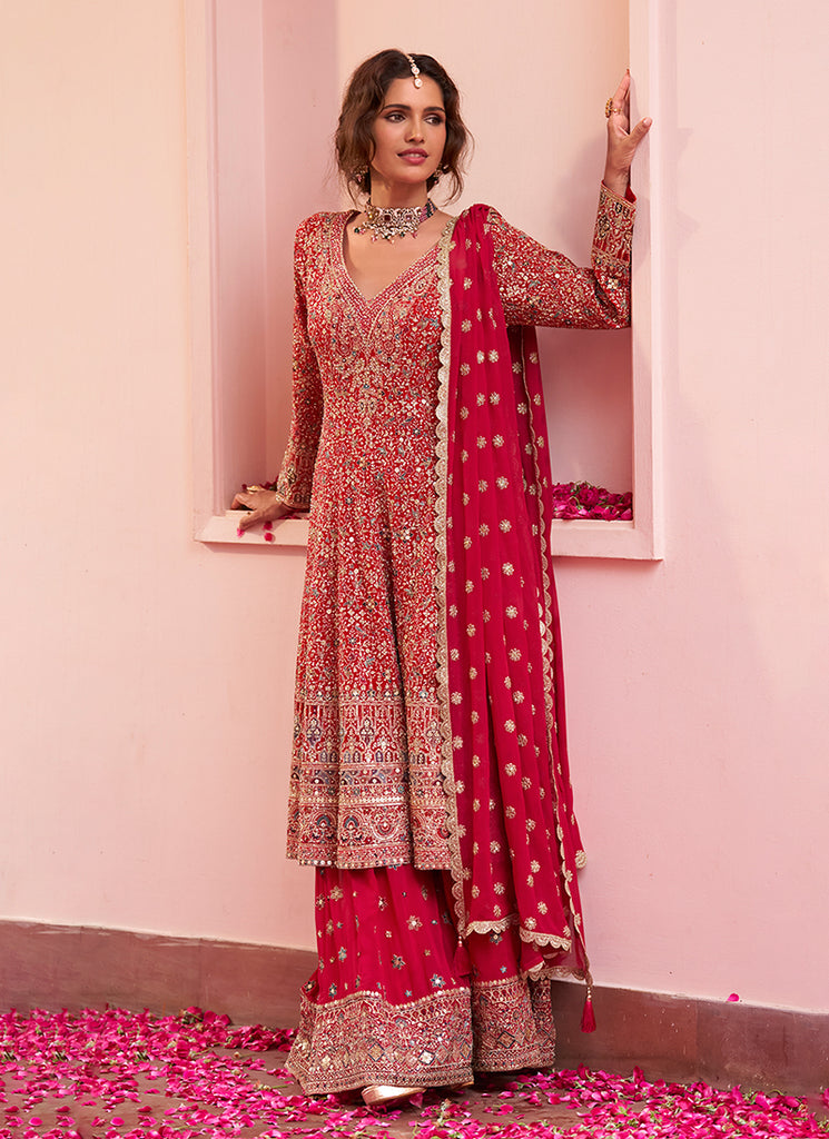 Red Multi Embroidered Anarkali Sharara Suit