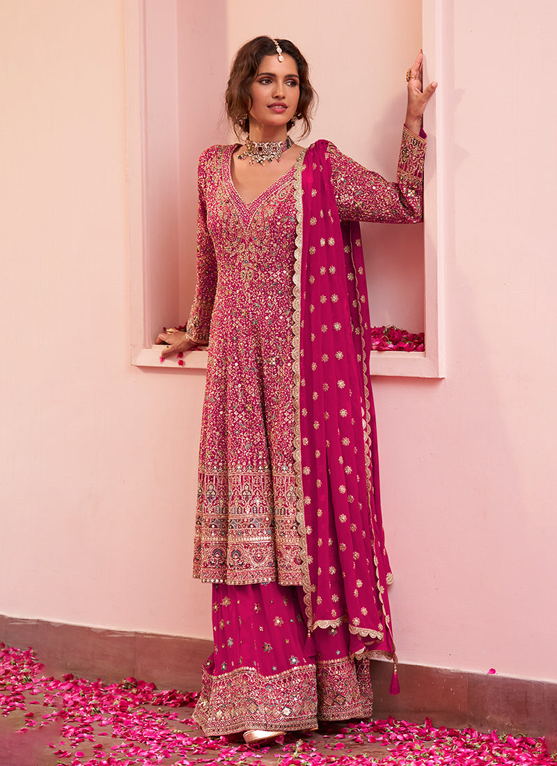 Magenta Multi Embroidered Anarkali Sharara Suit
