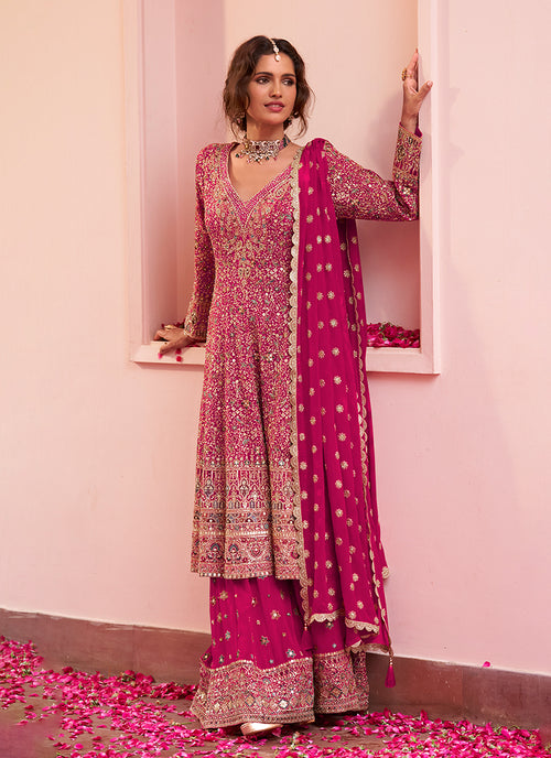 Magenta Multi Embroidered Anarkali Sharara Suit