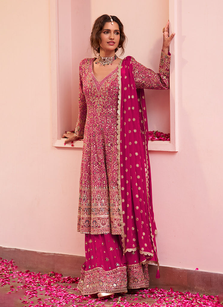 Magenta Multi Embroidered Anarkali Sharara Suit