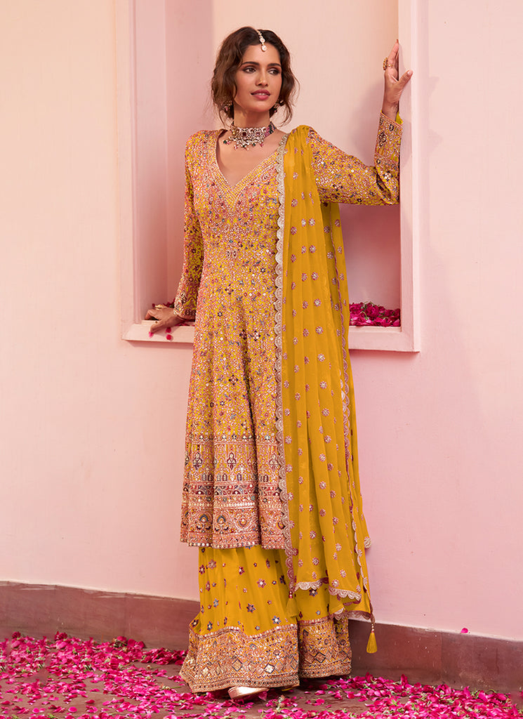Yellow Multi Embroidered Anarkali Sharara Suit