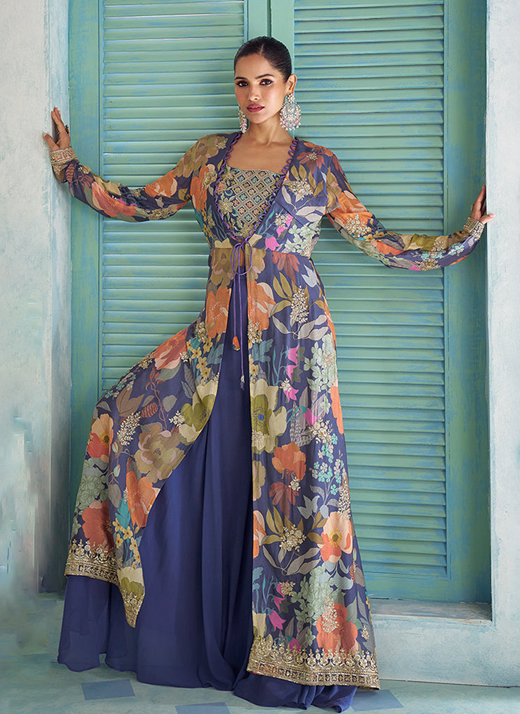 Ink Blue Floral Print Jacket Style Sharara Suit