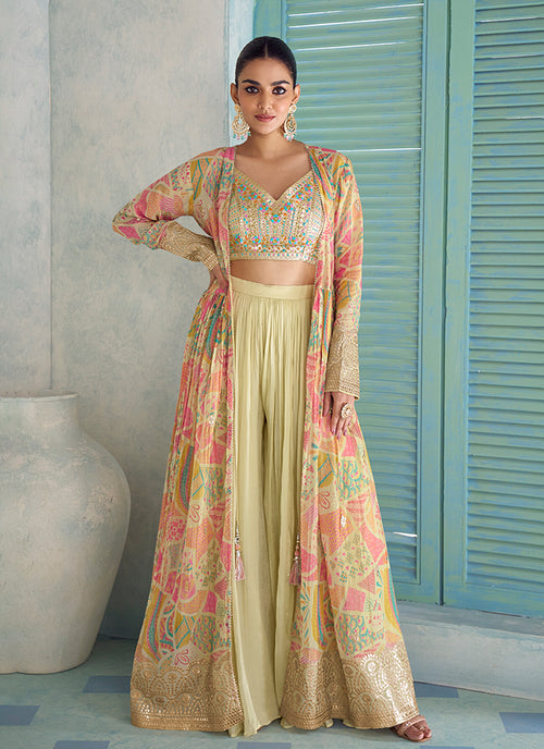 Pista Green Floral Print Jacket Style Sharara Suit
