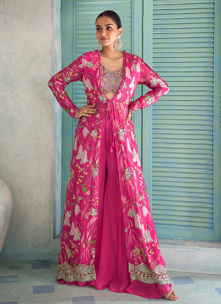 Hot Pink Floral Print Jacket Style Sharara Suit