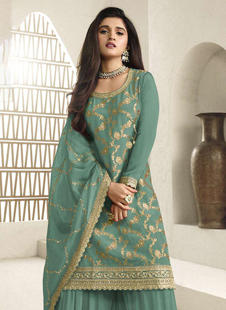 Buy Dark Green Embroidered Sharara Style Suit In Canada - Hatkay Buy Dark Green Embroidered Sharara Style Suit In Canada - Hatkay