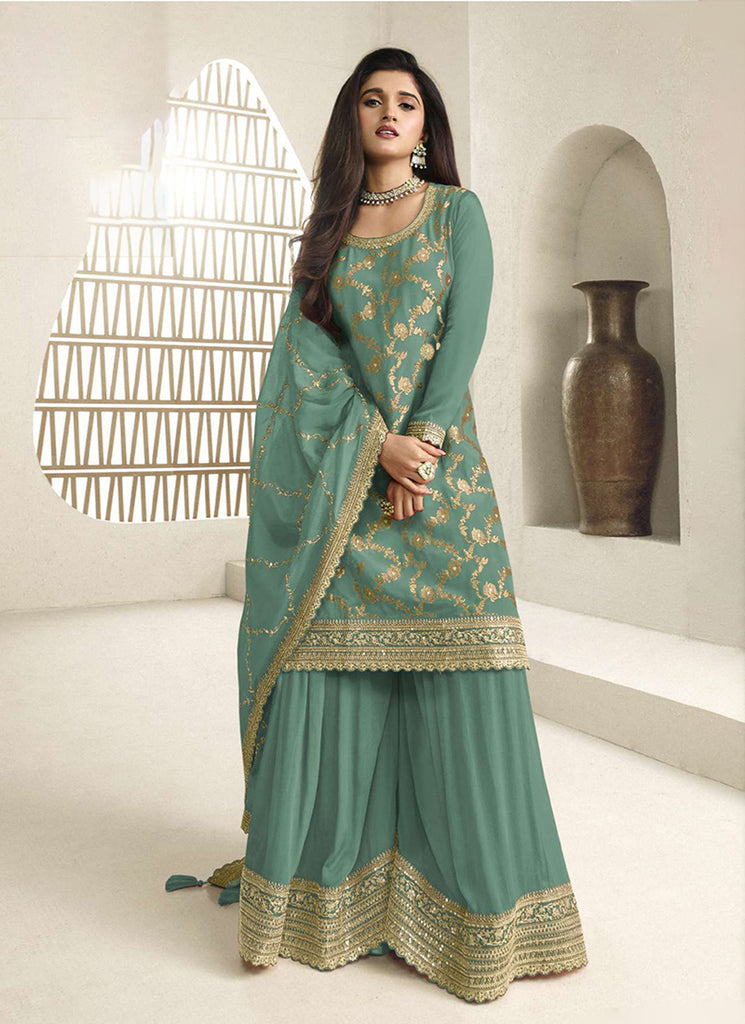 Buy Dark Green Embroidered Sharara Style Suit In Canada - Hatkay Buy Dark Green Embroidered Sharara Style Suit In Canada - Hatkay