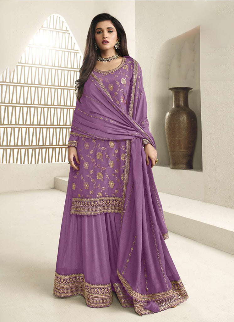 Purple Embroidered Sharara Style Suit