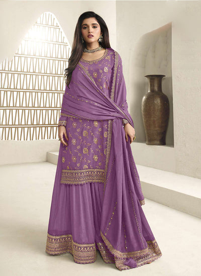 Purple Embroidered Sharara Style Suit