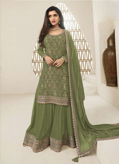 Olive Green Embroidered Sharara Style Suit