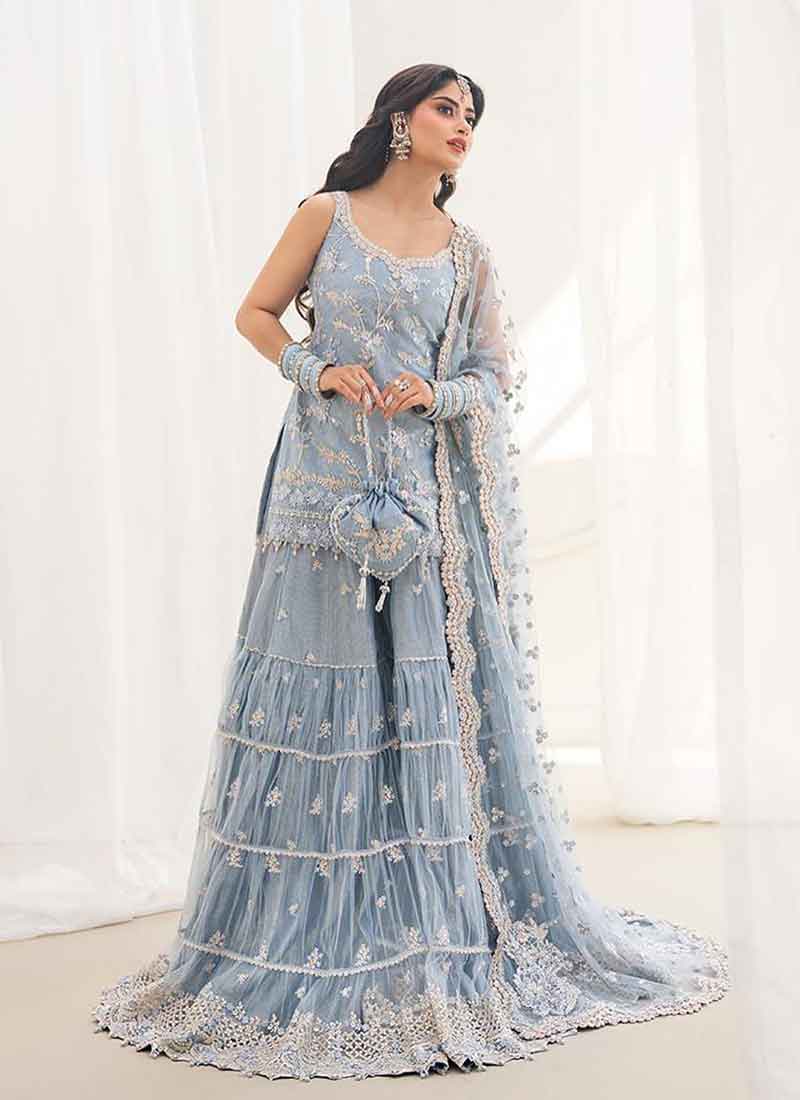Powder Blue Embroiderey Net Sharara Suit