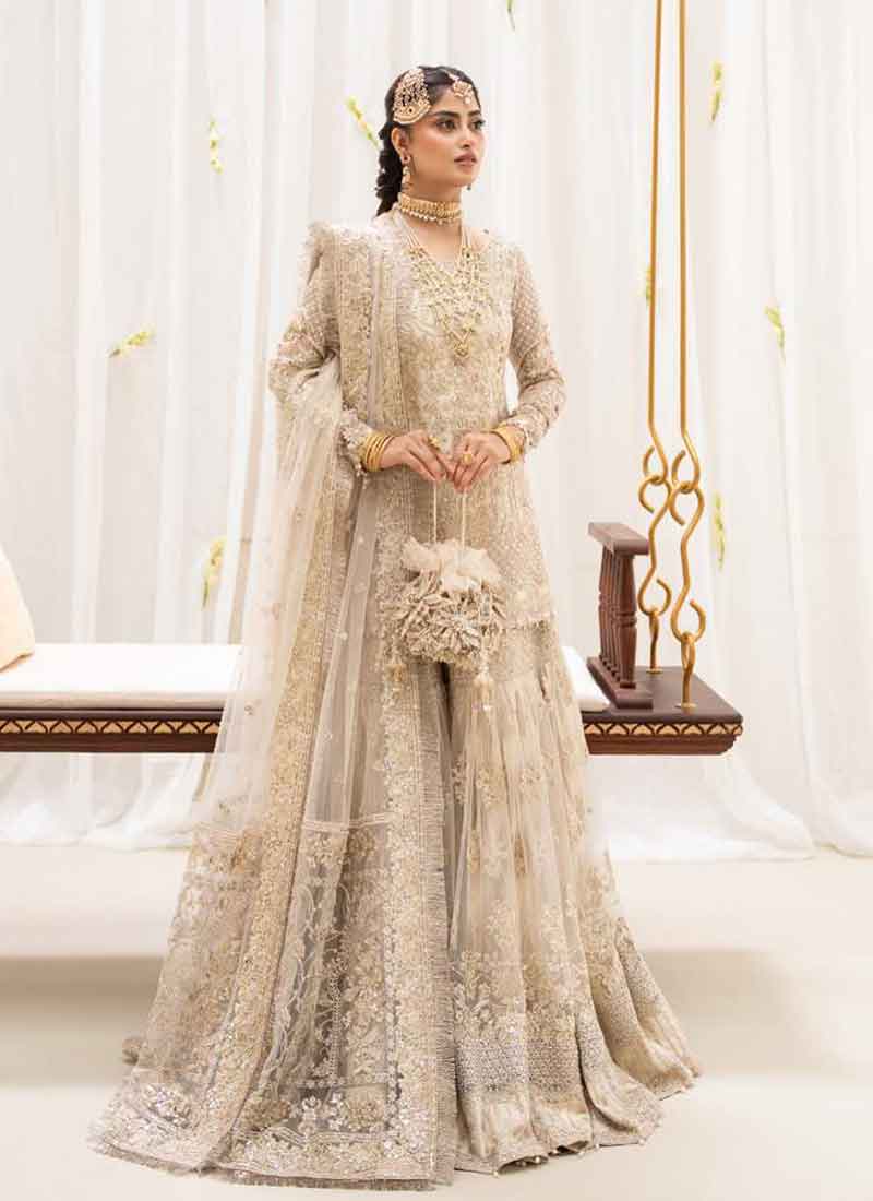 Champagne Gold Embroiderey Net Sharara Suit