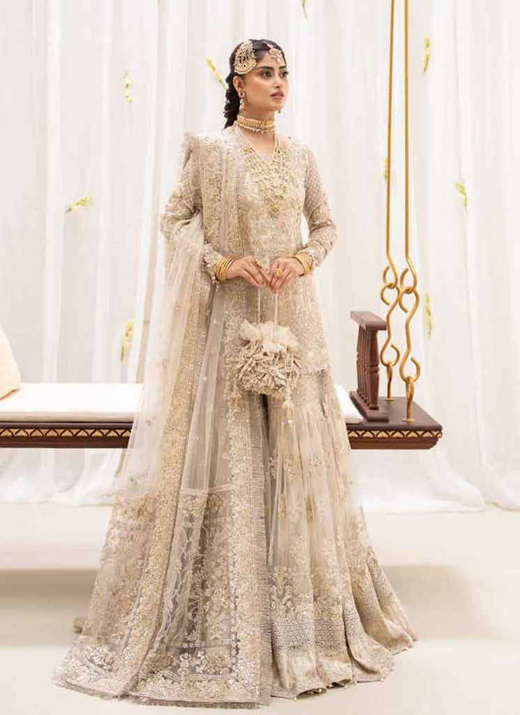 Buy Champagne Gold Embroiderey Net Sharara Suit Online | Hatkay Buy Champagne Gold Embroiderey Net Sharara Suit Online | Hatkay