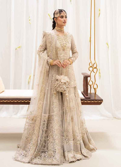 Champagne Gold Embroiderey Net Sharara Suit