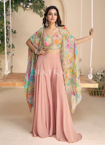 Peach Multi Handwork Embellished Cape Style Sharara Set