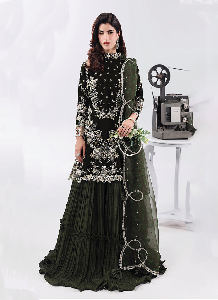 Olive Green Velvet Embroidered Sharara Set