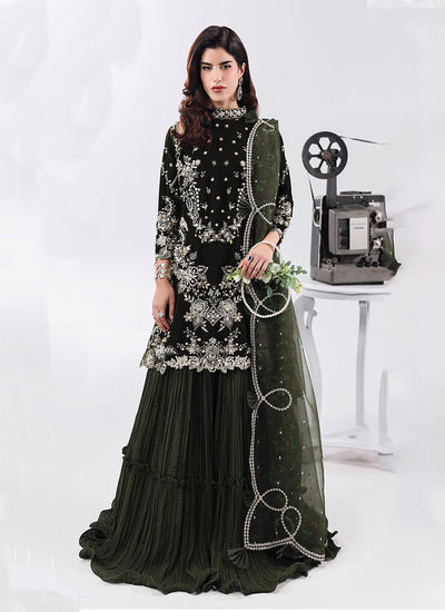 Olive Green Velvet Embroidered Sharara Set