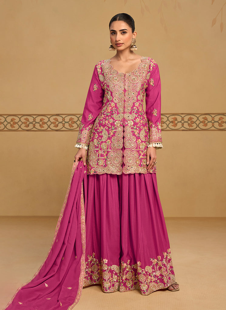Magenta Pink Embroidered Sharara Style Suit