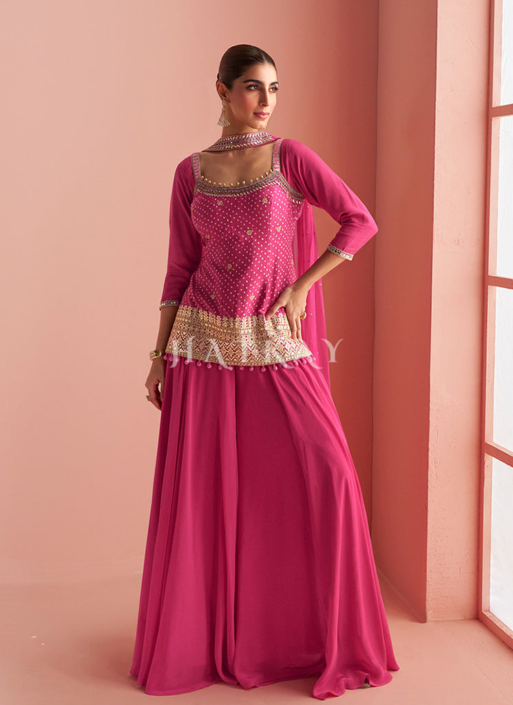 pink sharara dress Fuchsia Pink Embroidered Gown With Sharara: Pakistani Engagement Dress