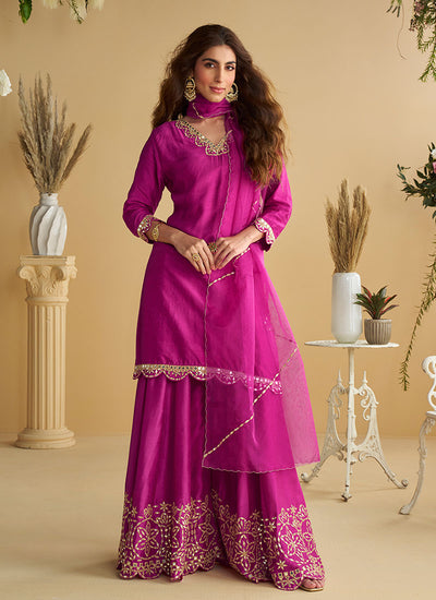 Bright Pink Mirror Work Sharara Style Suit