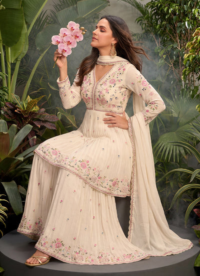 Cream Floral Embroidery Sharara Suit